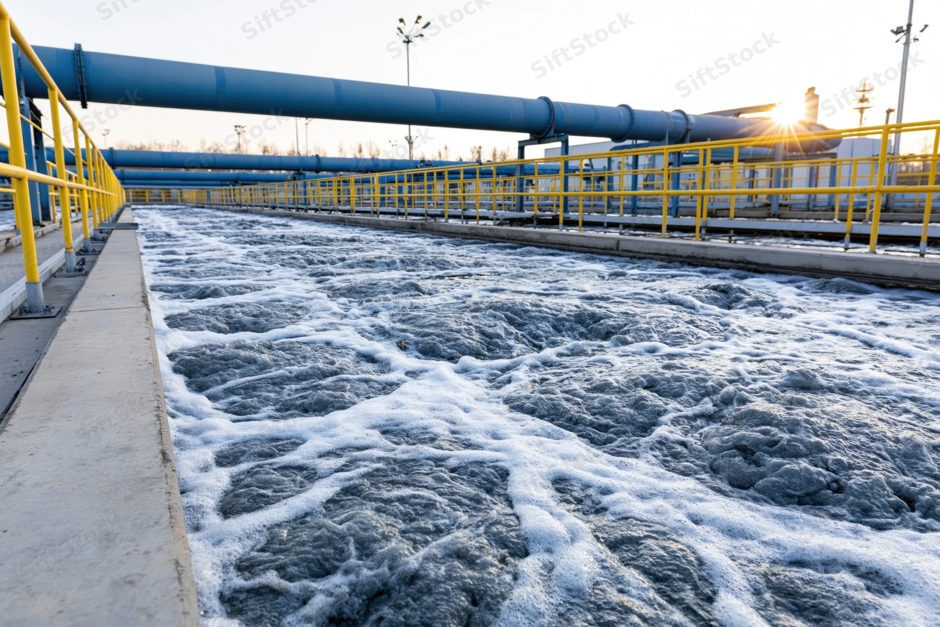 Foamy water flowing in an outdoor wastewater treatment aeration tank with blue pipes and yellow railings