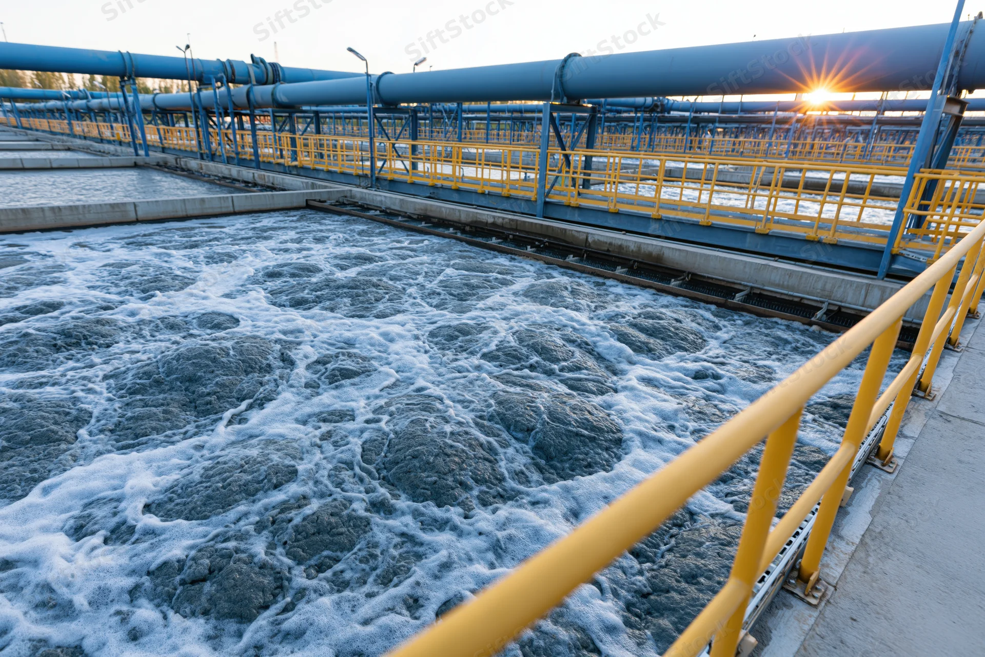 Aeration tank in wastewater treatment plant with foamy water and blue pipes above yellow railings