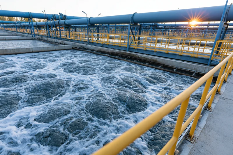 Aeration tank in wastewater treatment plant with foamy water and blue pipes above yellow railings