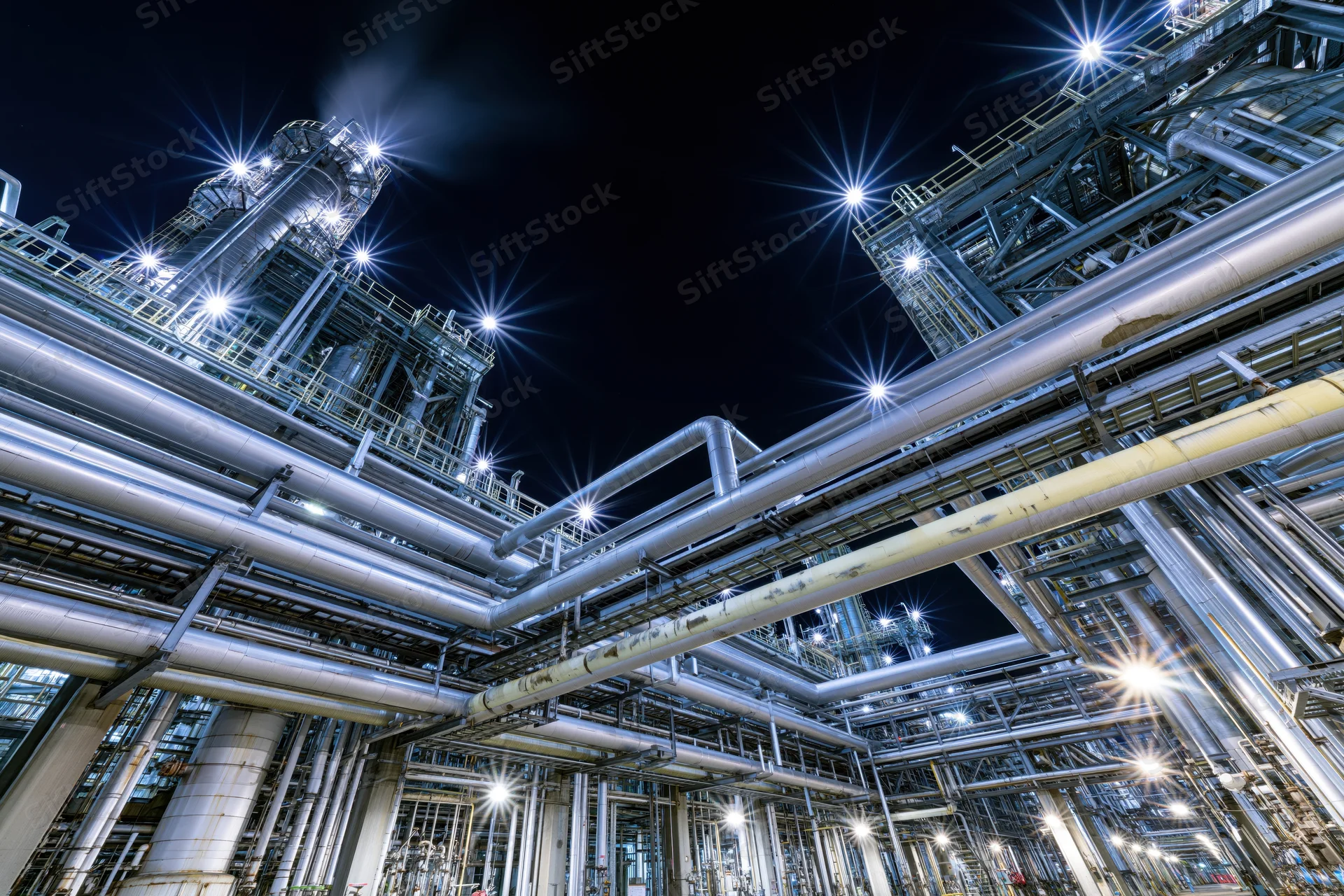 Petrochemical refinery complex at night with illuminated steel pipelines and structures