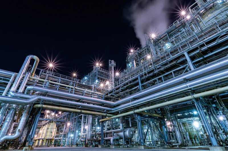 Large petrochemical refinery complex at night with illuminated steel structures and steam emissions