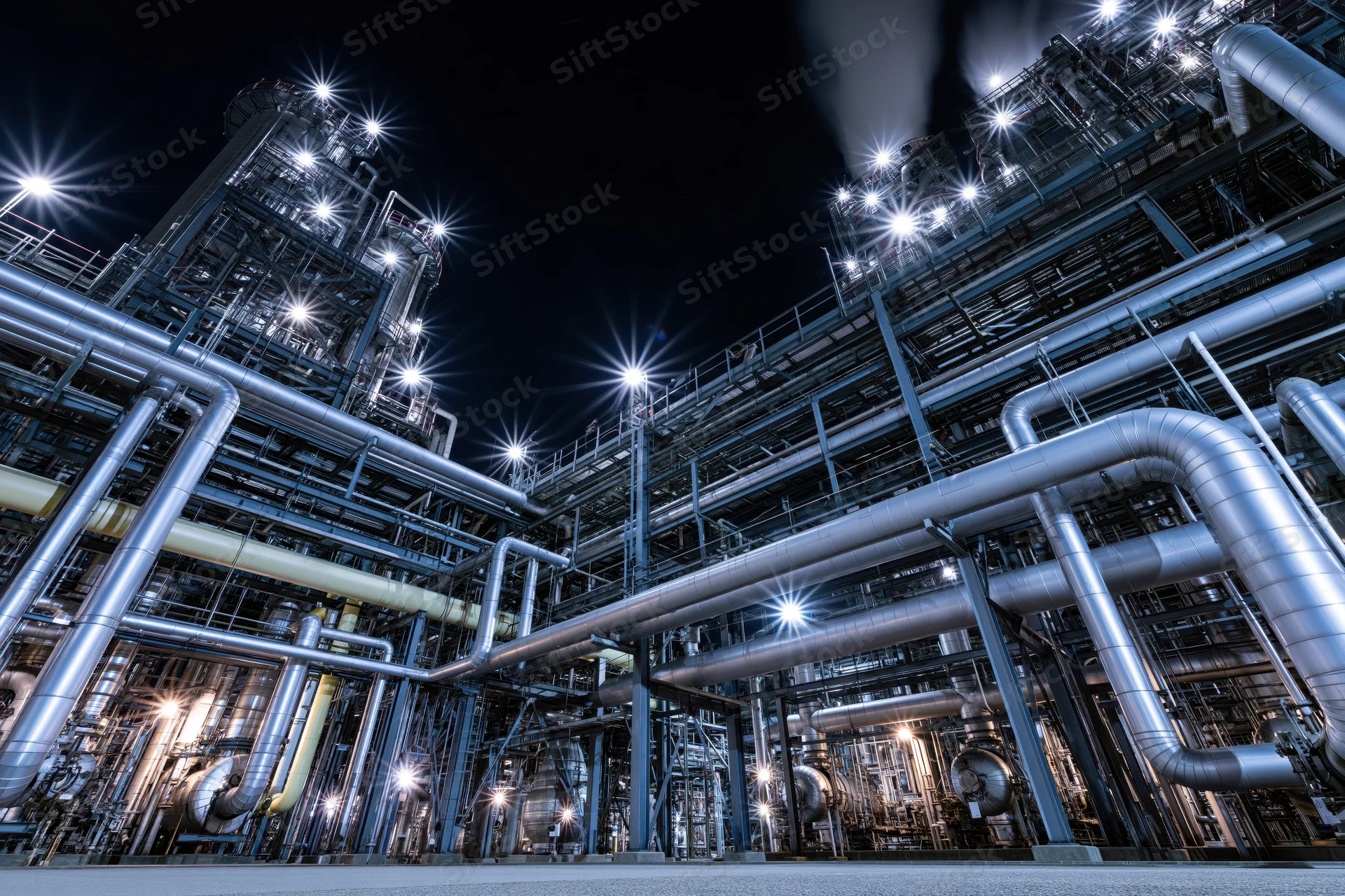 Large petrochemical refinery complex at night with illuminated steel pipelines and structures