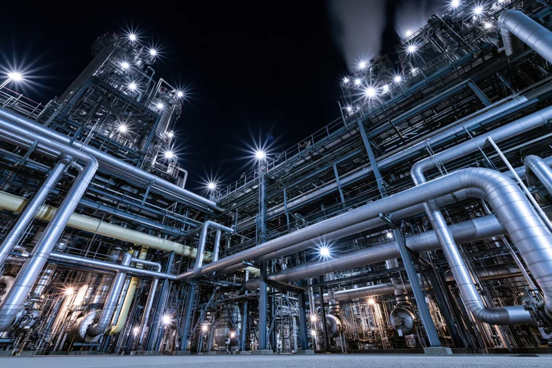 Large petrochemical refinery complex at night with illuminated steel pipelines and structures