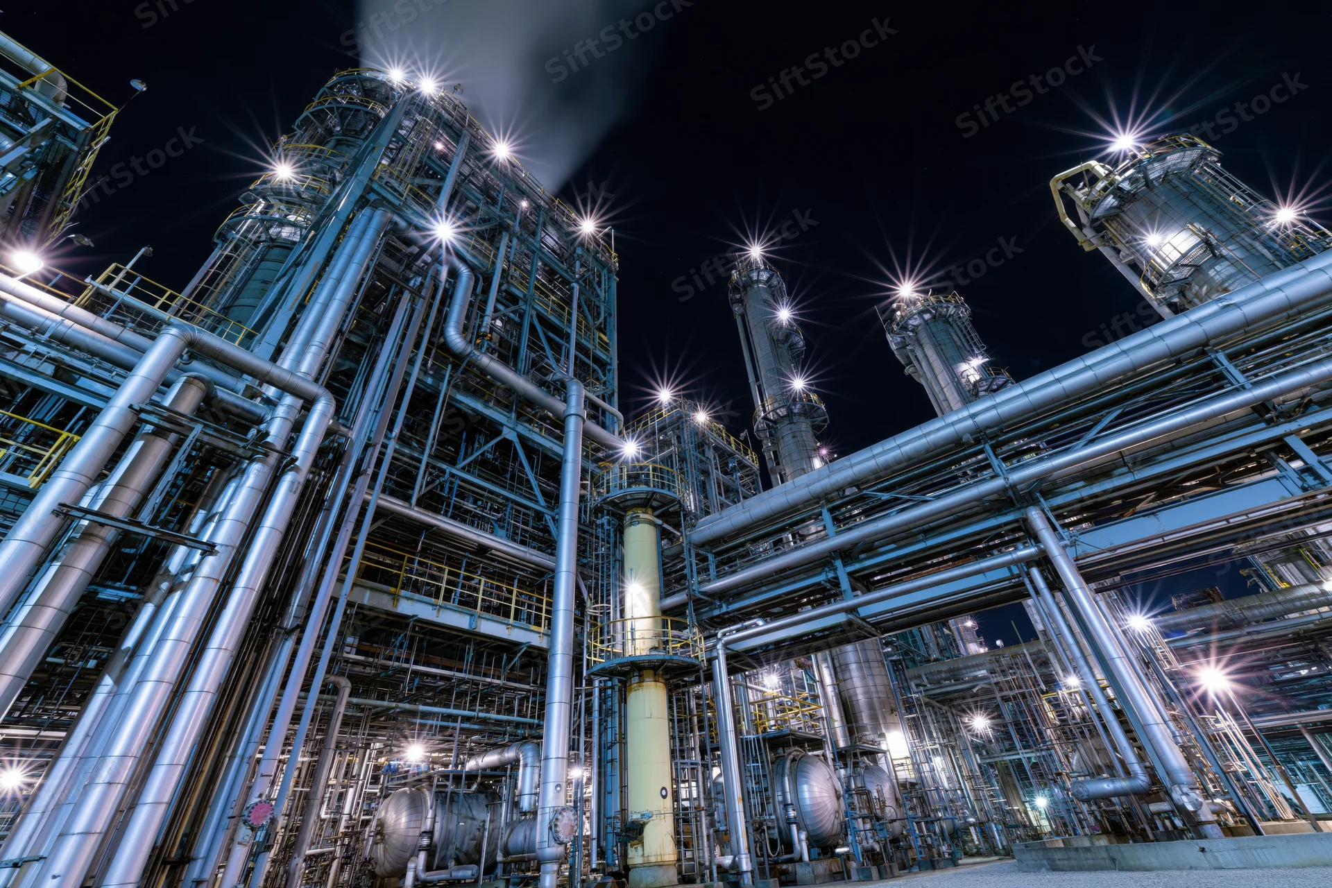 Large petrochemical refinery complex illuminated at night with steel towers and pipes