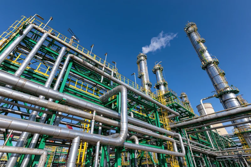 Large petrochemical refinery with dense network of steel pipelines and towers under clear blue sky