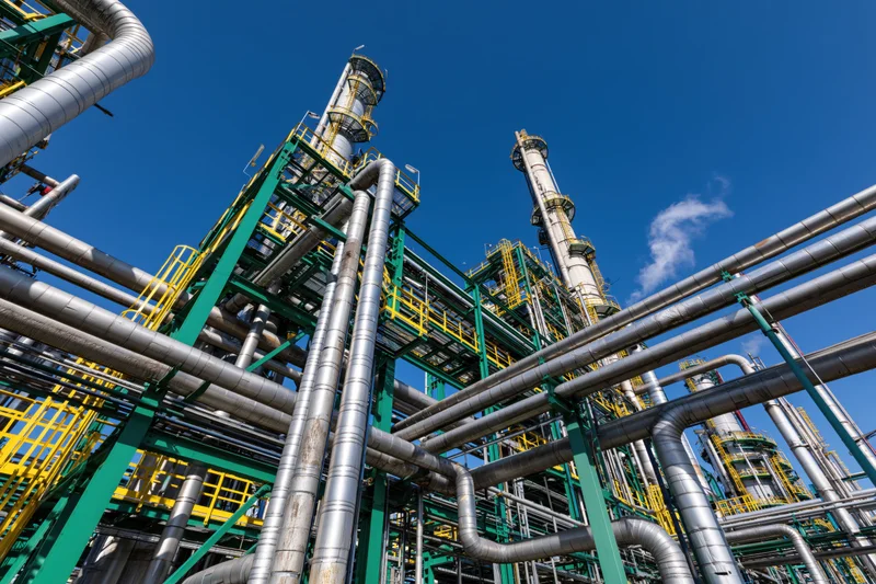Low-angle view of a petrochemical refinery with steel pipelines and towers against a blue sky