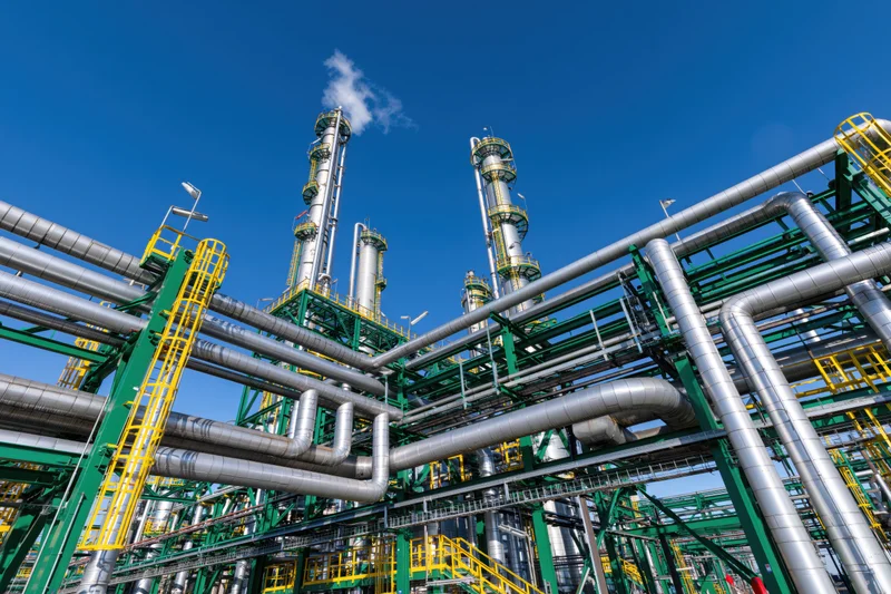 Large petrochemical refinery with dense network of steel pipes and towers under blue sky