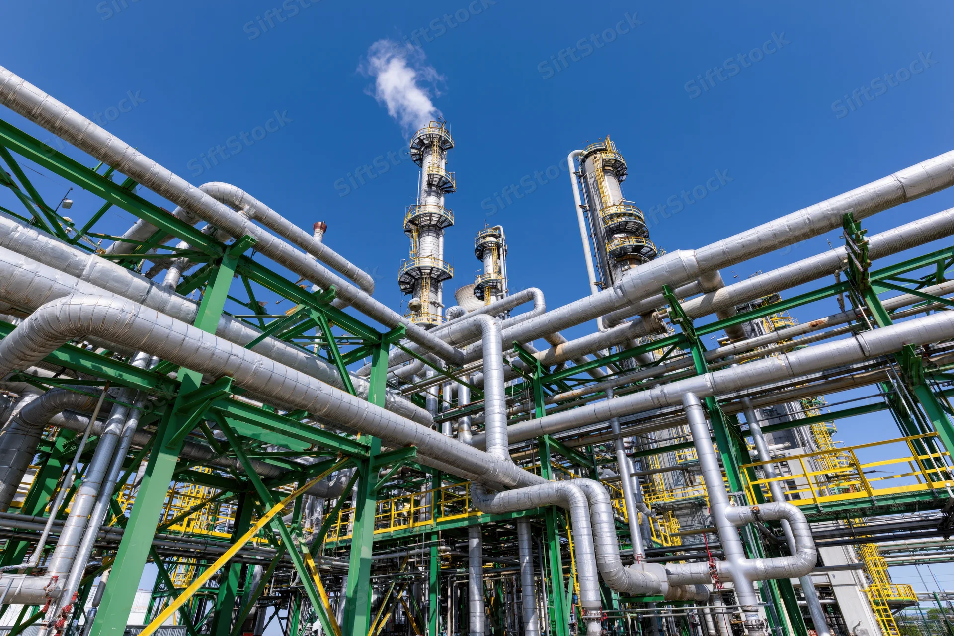 Large petrochemical refinery with dense network of pipelines and towers under clear blue sky