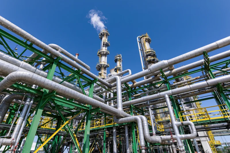 Large petrochemical refinery with dense network of pipelines and towers under clear blue sky