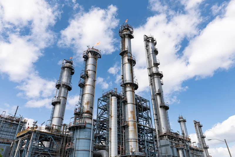 Tall distillation towers in a petrochemical refinery complex under a blue sky with clouds