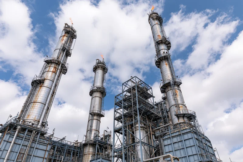 Tall distillation towers with flames at top of petrochemical refinery under blue sky with clouds