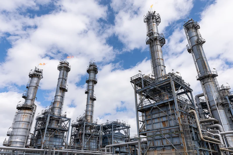 Large petrochemical refinery with multiple distillation towers and flaring pipes under a partly cloudy sky
