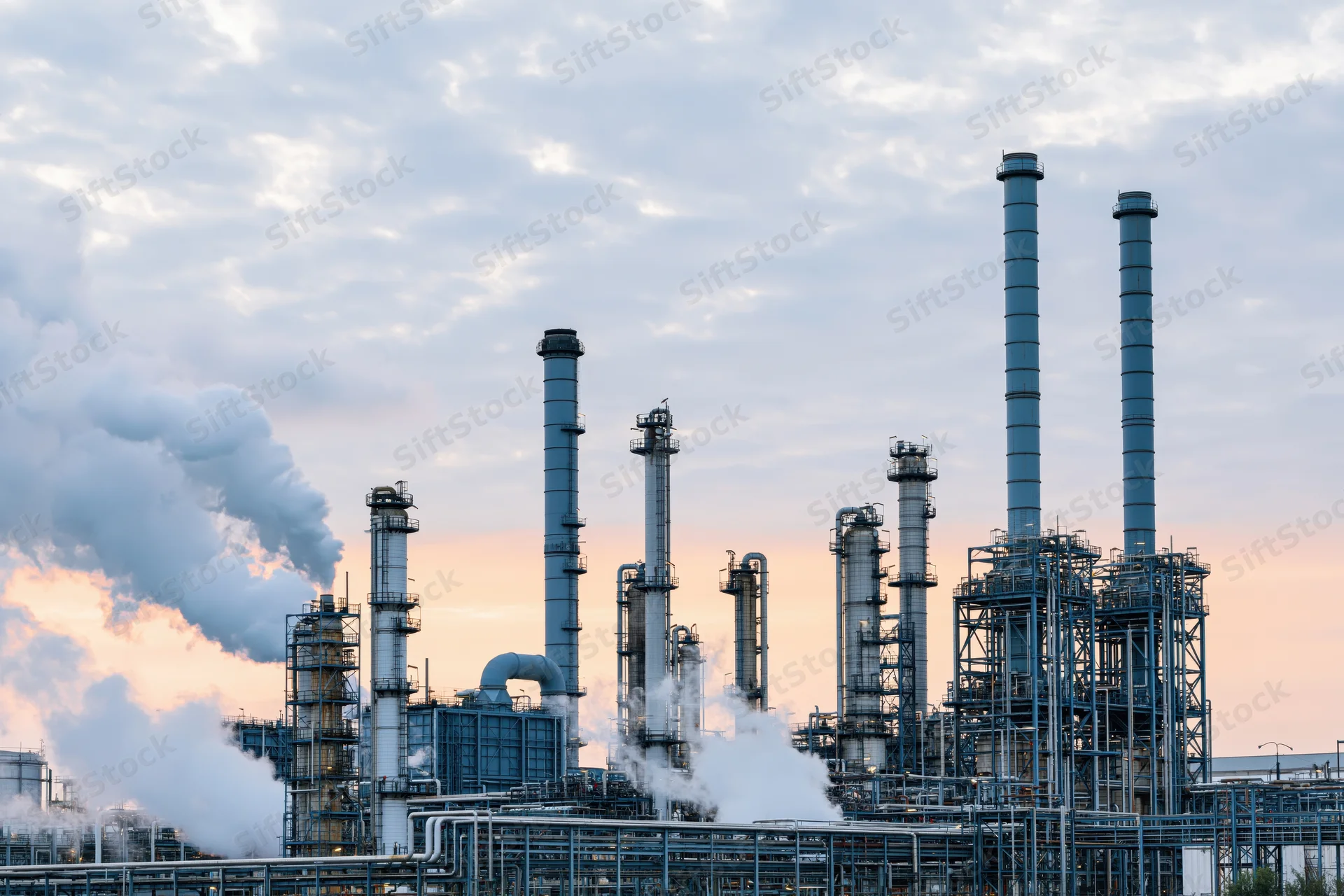 Petrochemical refinery complex with steam venting from smokestacks at twilight