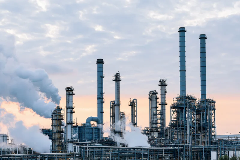 Petrochemical refinery complex with steam venting from smokestacks at twilight