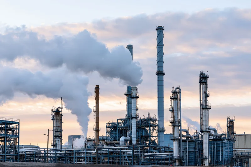 Petrochemical refinery complex with steam venting from smokestacks at twilight