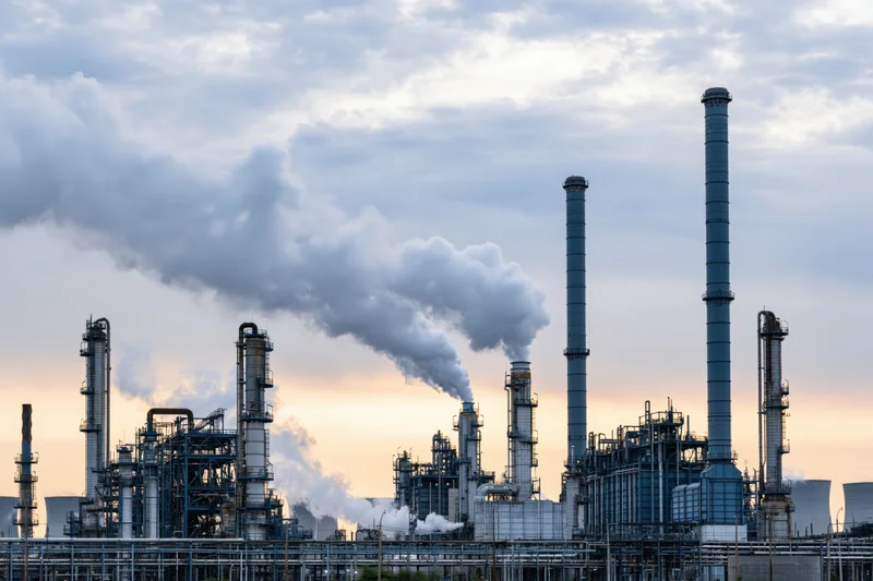 Large petrochemical refinery complex with steam venting from chimneys at dusk