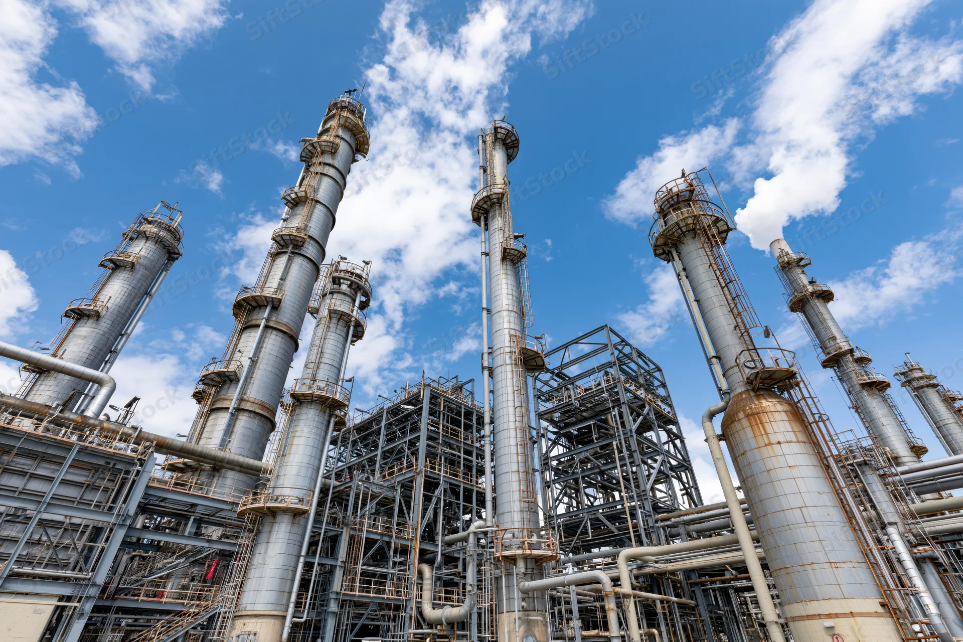Tall distillation towers and steel pipes in a petrochemical refinery under a blue sky with clouds