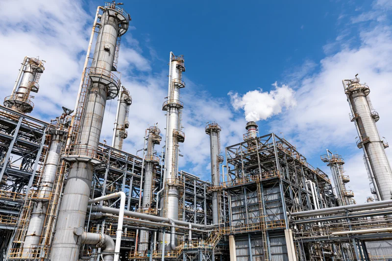 Large petrochemical refinery complex with tall distillation towers and steel framework under blue sky