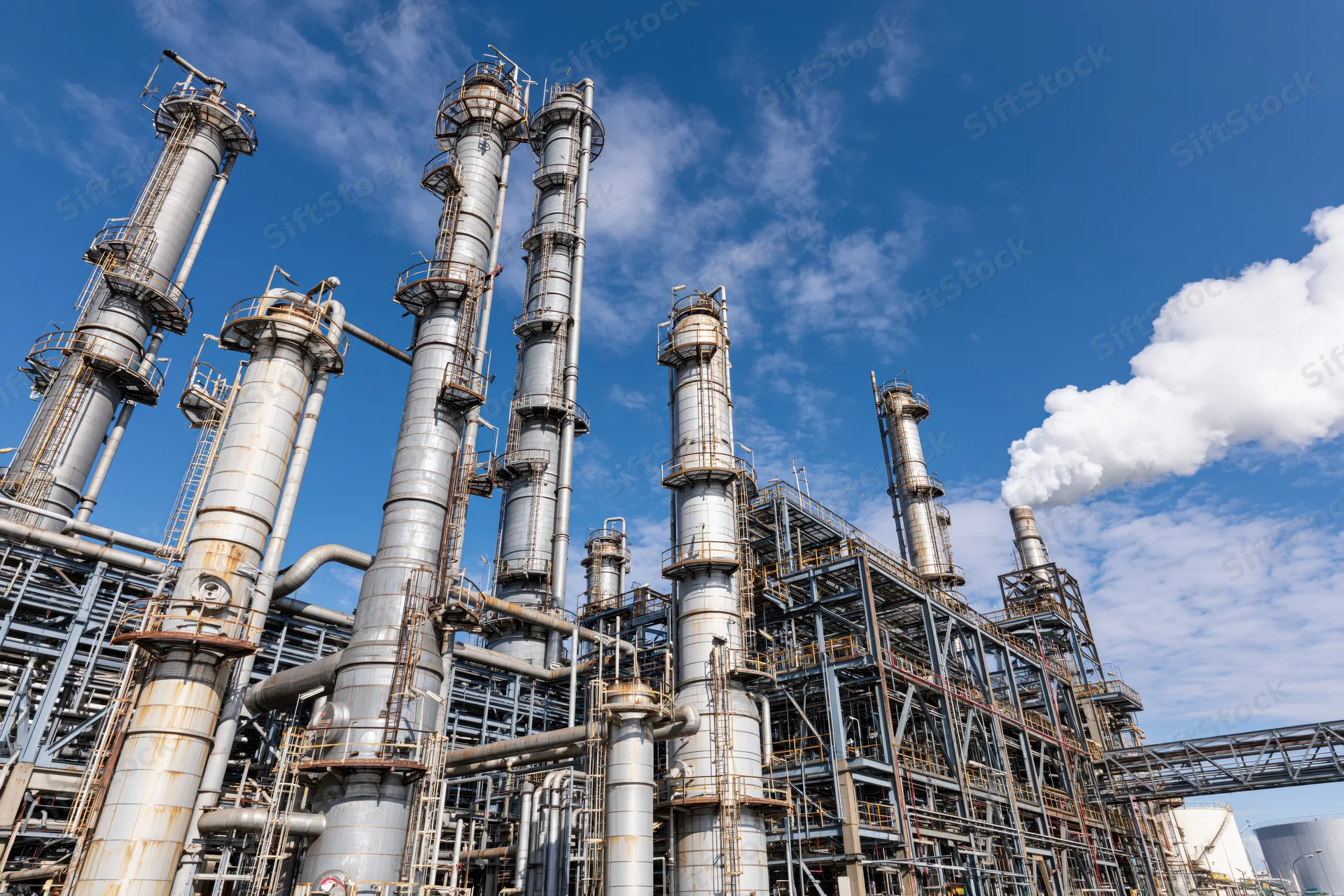 Large petrochemical refinery with tall distillation towers and pipes under a blue sky