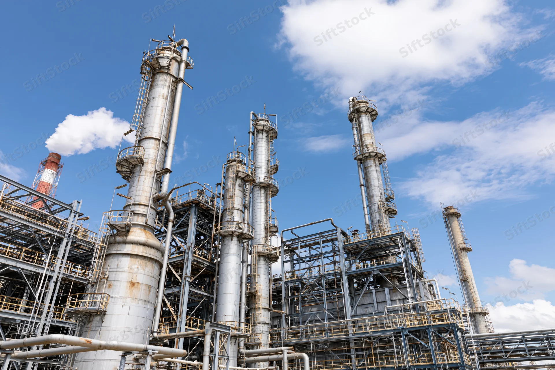 Large petrochemical refinery with tall distillation towers and steel framework under a blue sky
