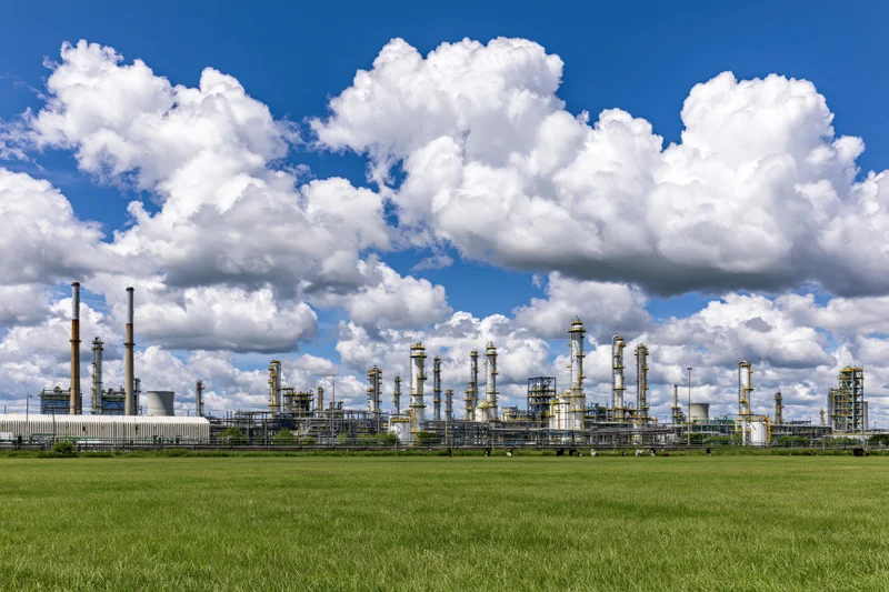 Large petrochemical refinery complex with tall smokestacks and storage tanks under a blue sky with white clouds, viewed from a grassy field