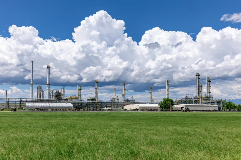 Large petrochemical refinery complex with tall smokestacks and storage tanks under a cloudy blue sky, viewed across a green grassy field