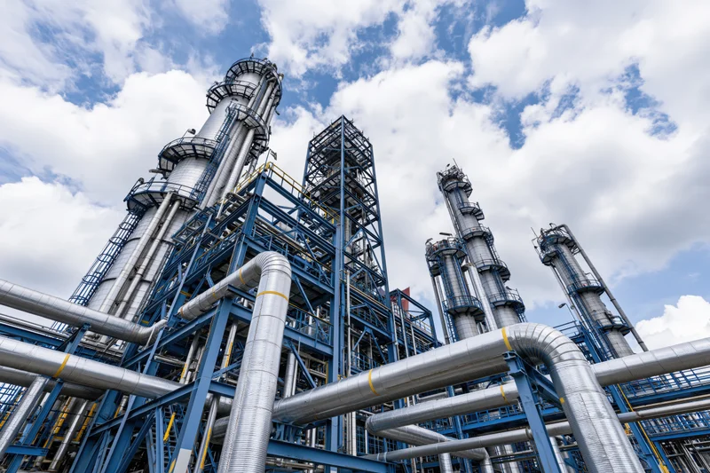 Towering distillation towers and steel pipes in a petrochemical refinery complex under a cloudy sky