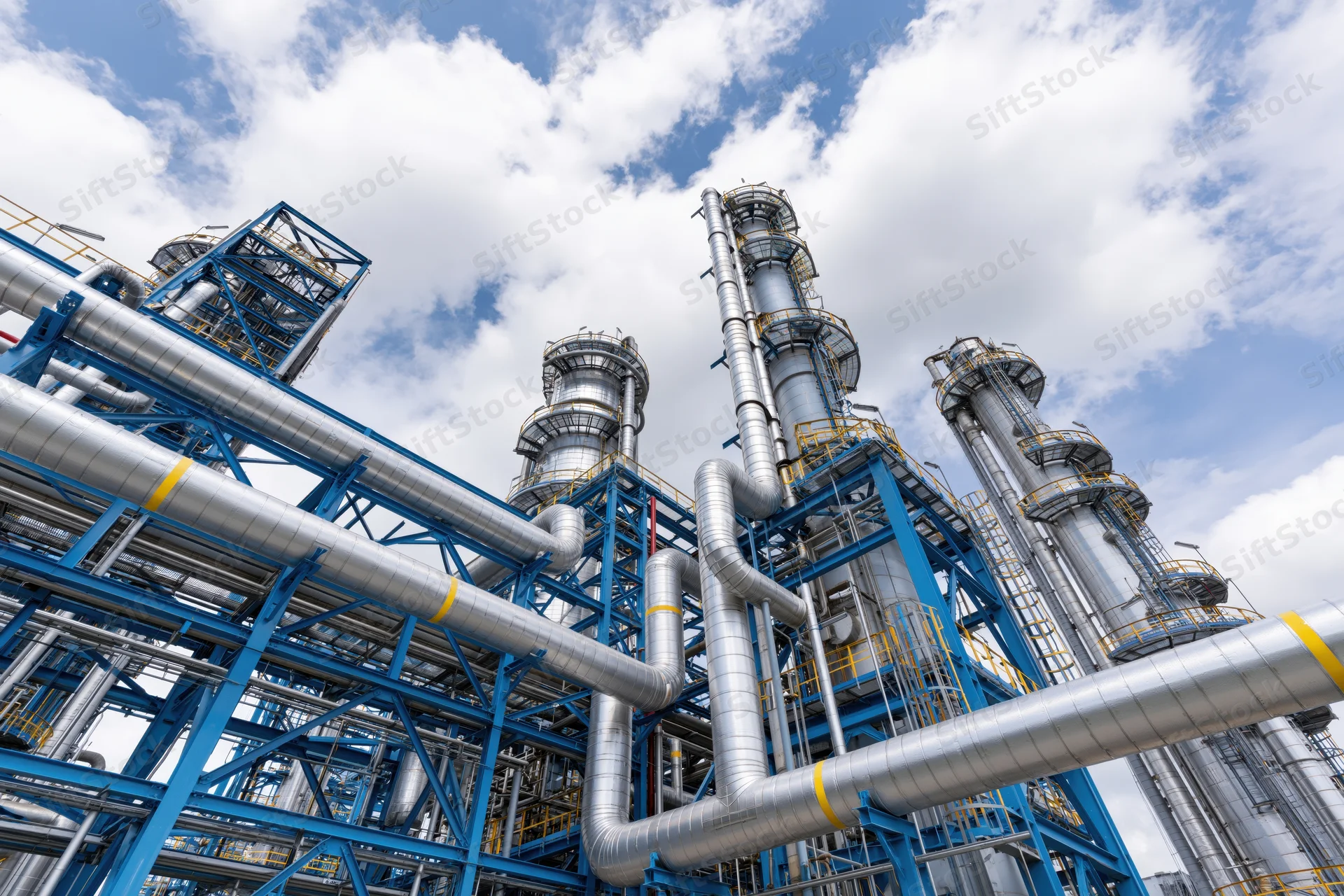 Towering distillation towers and steel pipes of a petrochemical refinery under a cloudy sky