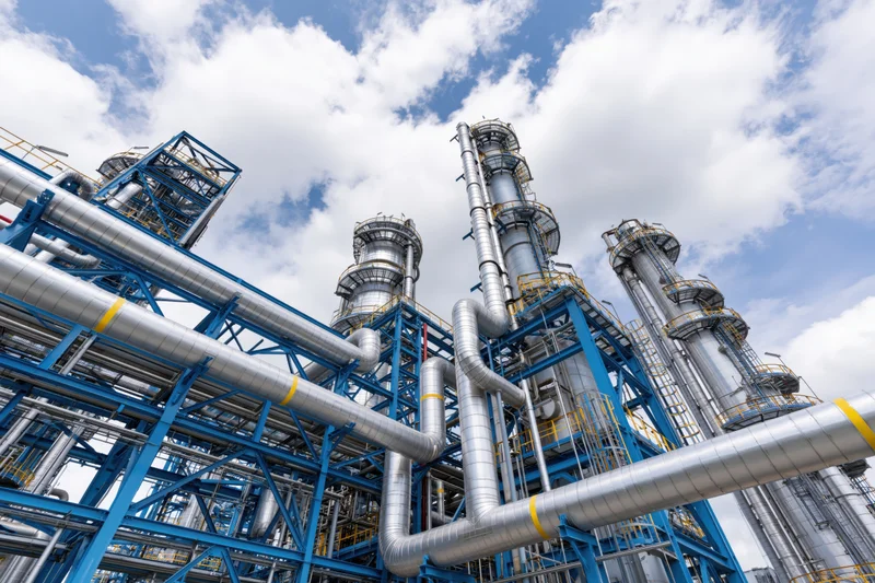 Towering distillation towers and steel pipes of a petrochemical refinery under a cloudy sky