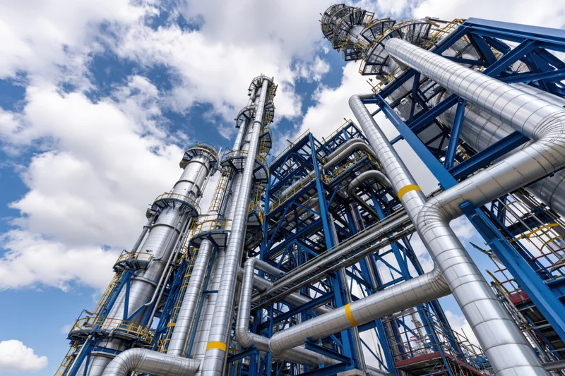 Towering distillation towers and steel pipelines of a petrochemical refinery under a partly cloudy sky