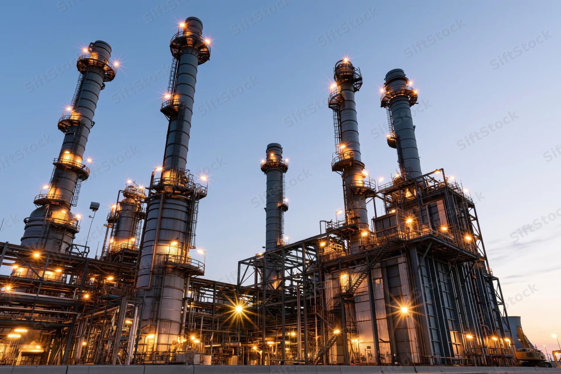 Large petrochemical refinery with illuminated towers and steel structures at dusk