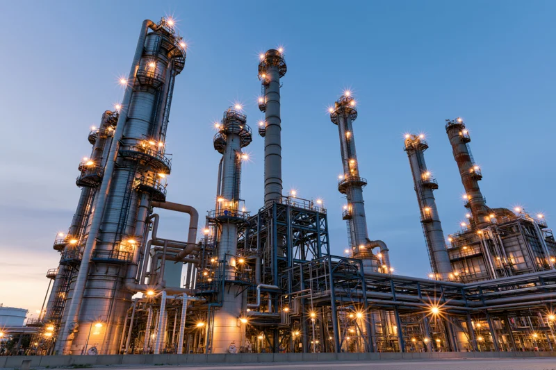 Large petrochemical refinery with illuminated towers and pipelines at dusk
