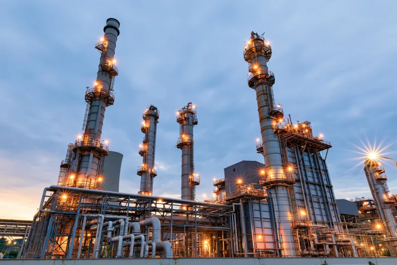 Large petrochemical refinery with illuminated towers and pipelines at dusk