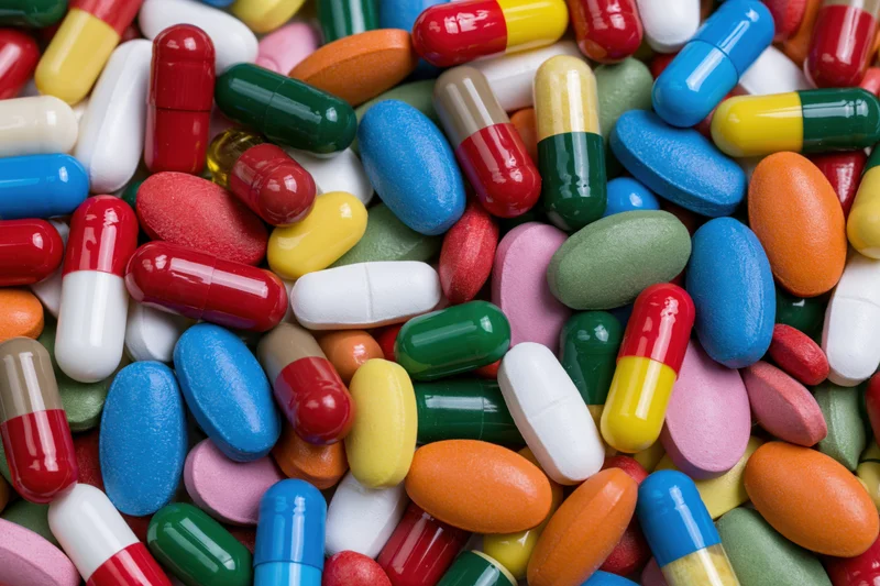 Closeup of assorted colorful pharmaceutical pills and capsules piled together