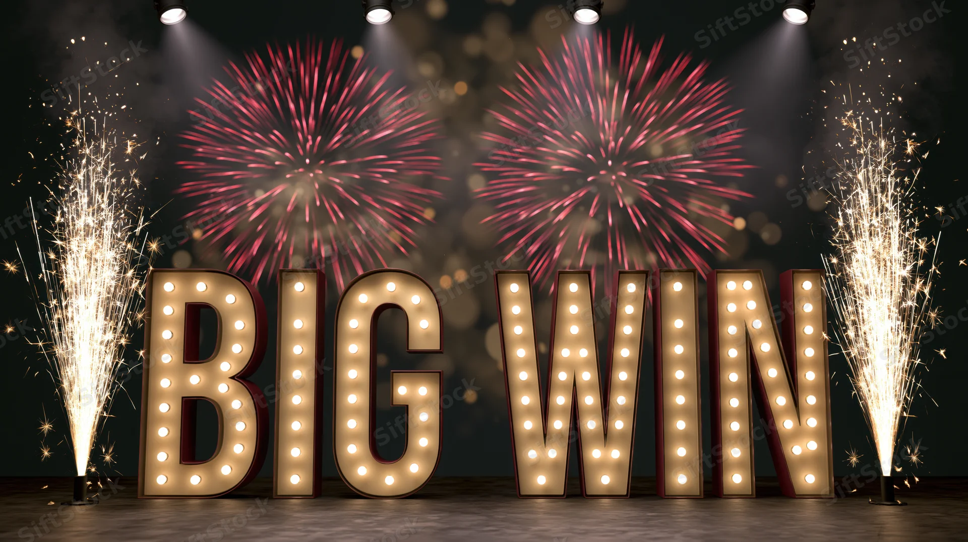 Illuminated marquee letters spelling big win on a stage with fireworks and sparklers at night