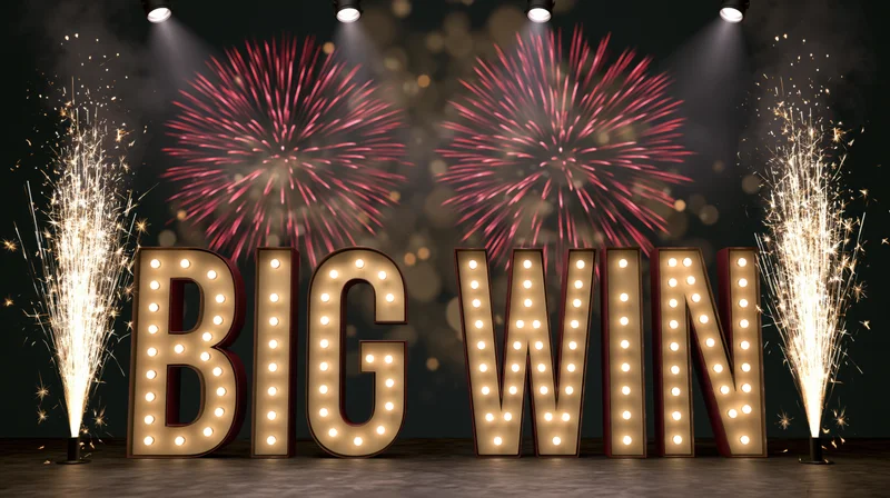 Illuminated marquee letters spelling big win on a stage with fireworks and sparklers at night