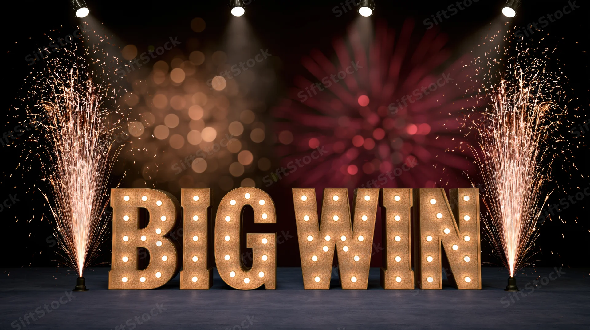 Illuminated marquee letters spelling big win on a stage with fireworks and spotlights