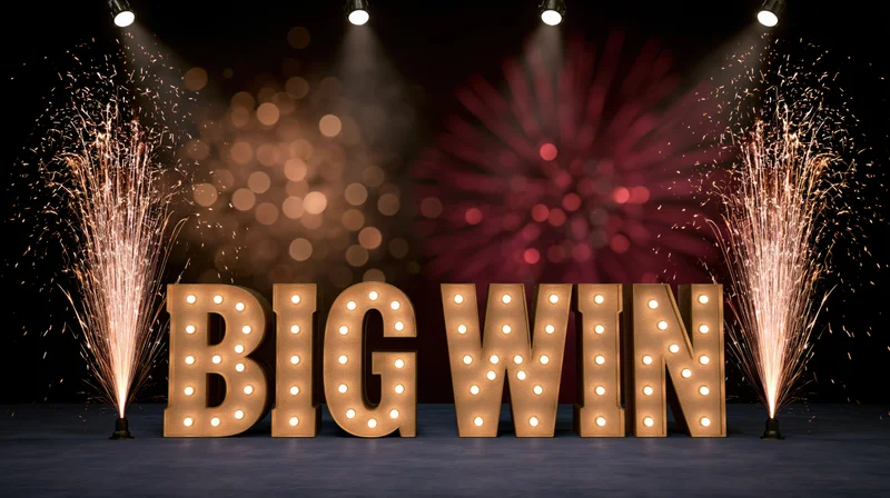 Illuminated marquee letters spelling big win on a stage with fireworks and spotlights