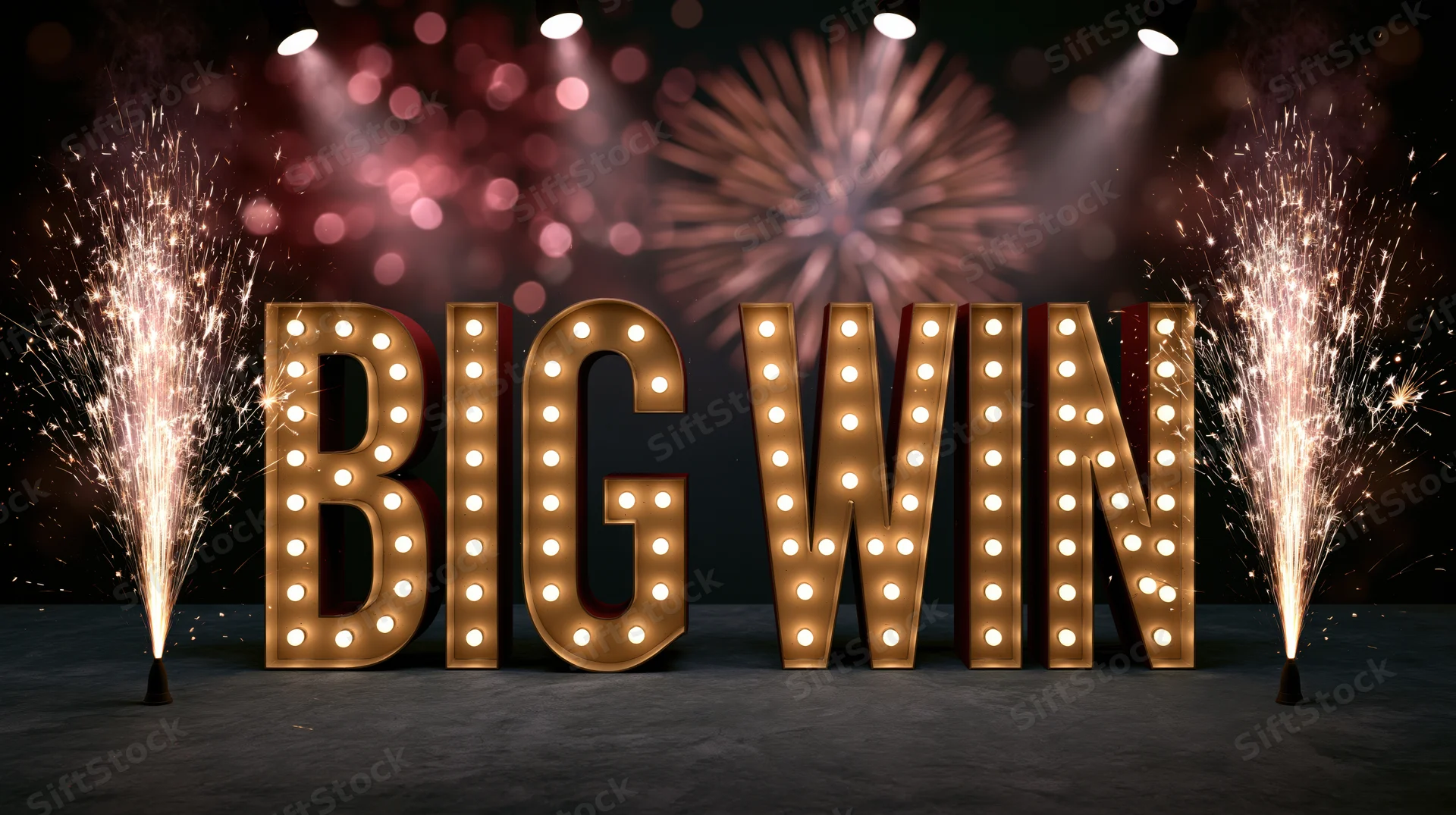 Illuminated marquee letters spelling big win surrounded by sparklers and fireworks on a dark stage