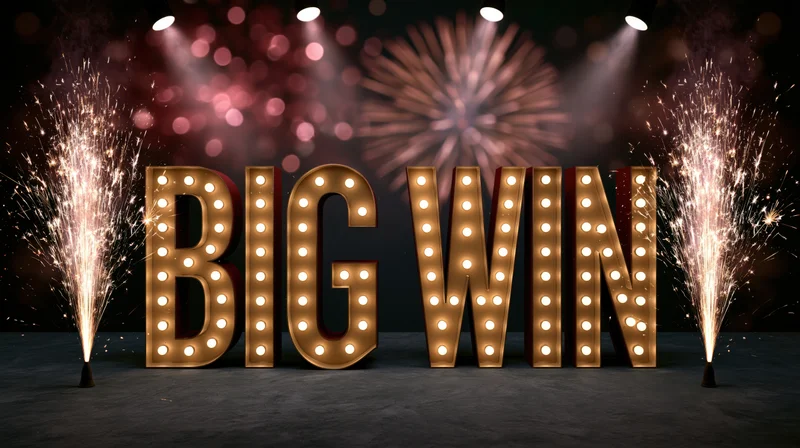 Illuminated marquee letters spelling big win surrounded by sparklers and fireworks on a dark stage