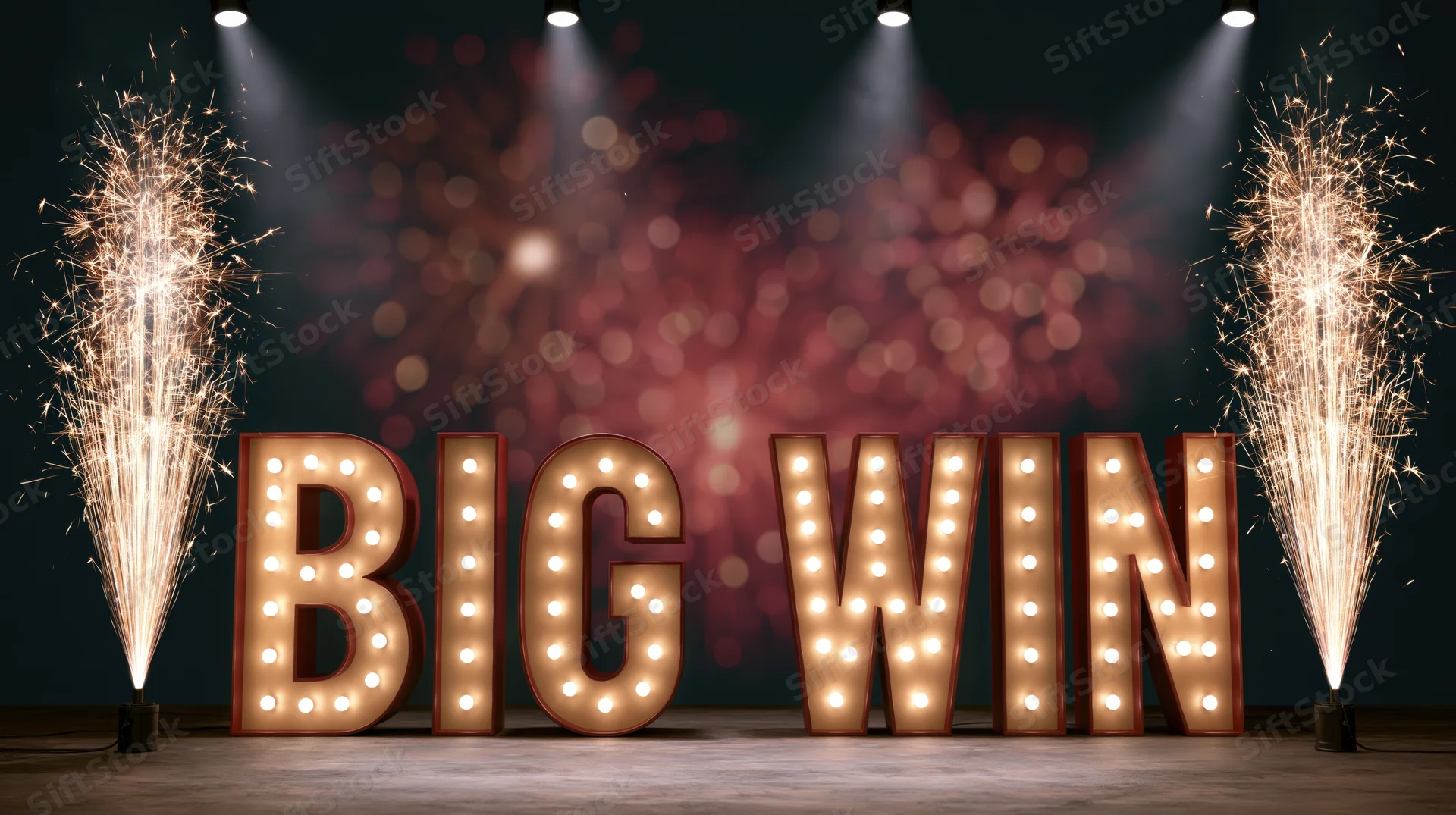 Illuminated marquee letters spelling big win on stage with sparklers and spotlights
