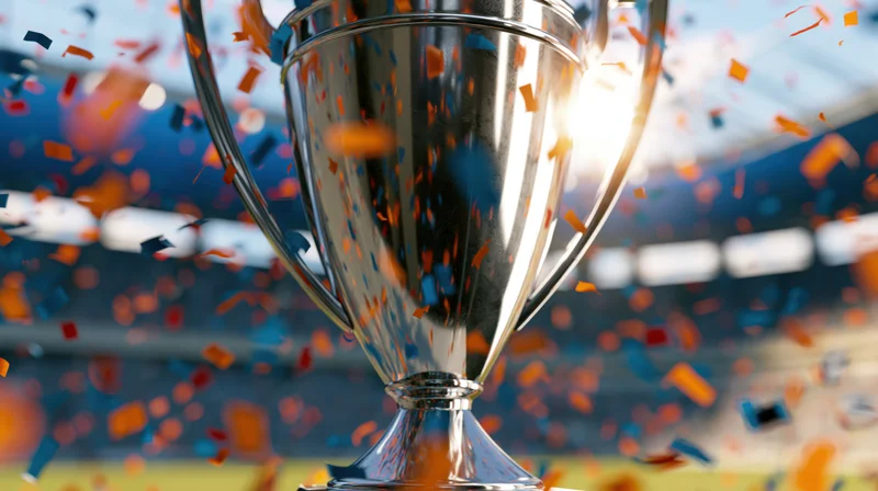 Silver championship trophy on pedestal with confetti falling in stadium