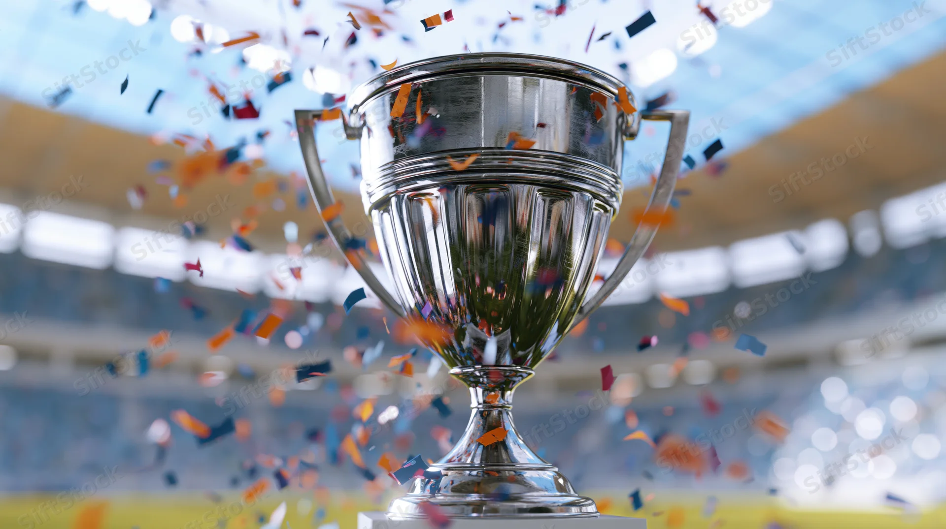 Silver championship trophy on pedestal with confetti falling in stadium