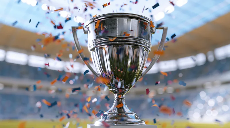 Silver championship trophy on pedestal with confetti falling in stadium