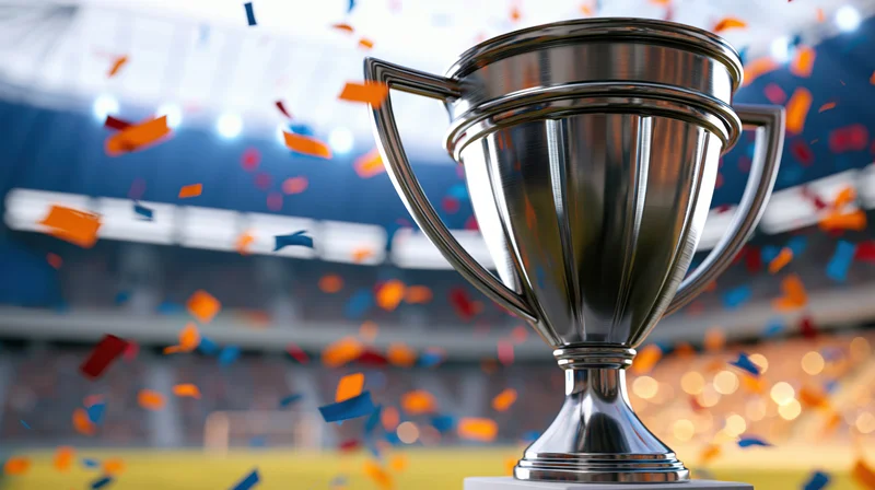Silver championship trophy on pedestal with confetti falling in stadium