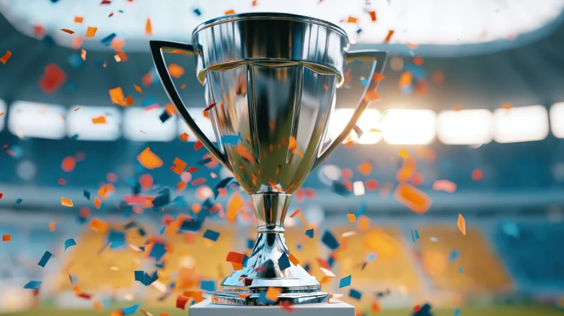 Silver championship trophy on pedestal in stadium with confetti falling