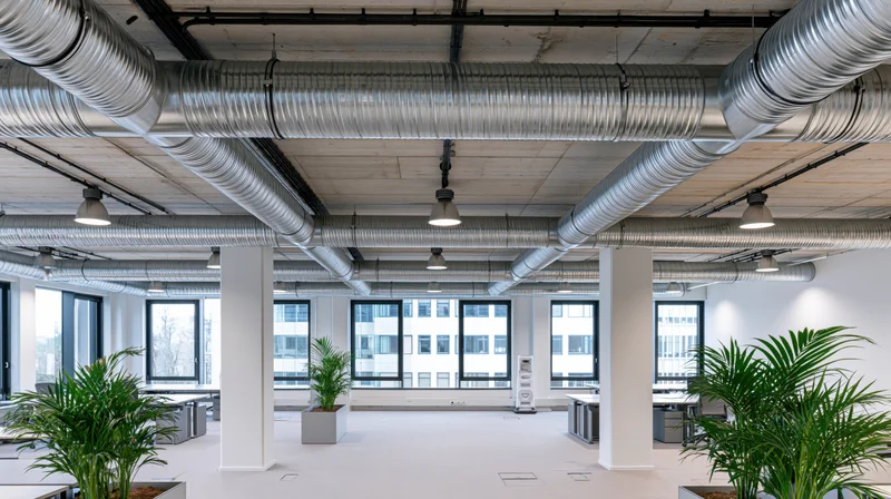 Open office interior with exposed silver corrugated hvac ducts and large windows