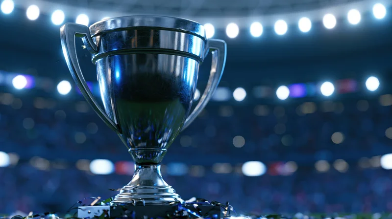 Silver football trophy on pedestal in stadium with bright lights and confetti