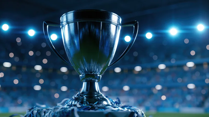Silver football trophy with two handles on a pedestal in a stadium under spotlights