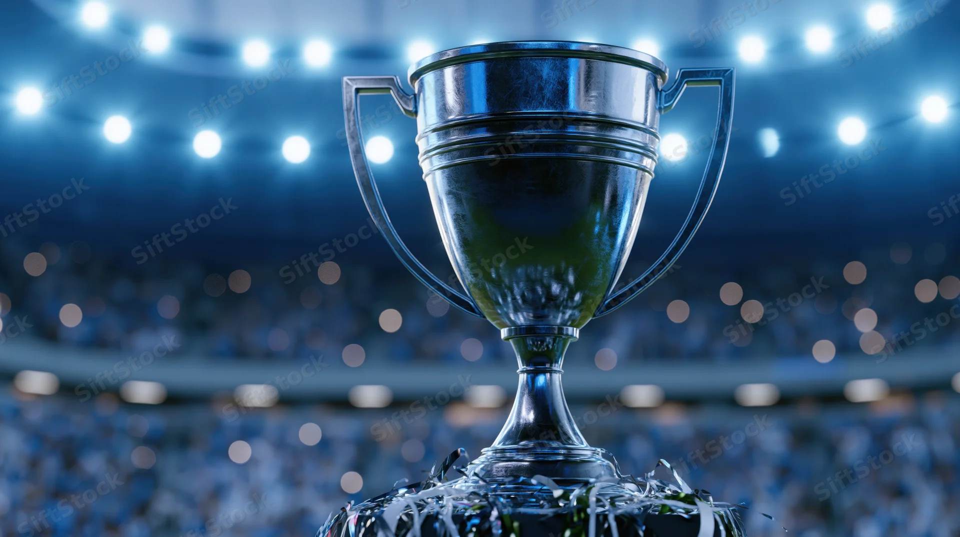 Silver football trophy with two handles on a confetti-covered base in a stadium with bright lights and blurred crowd